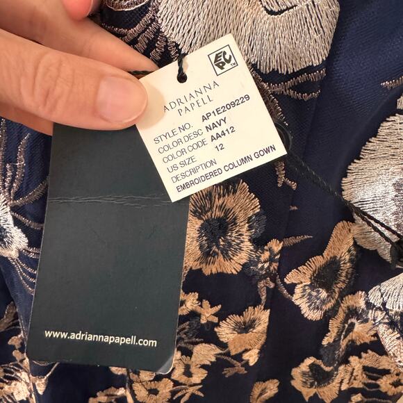 NWT Adrianna Papell Embroidered Floral Column Gown Maxi Dress Navy Blue Size 12 - Picture 10 of 11